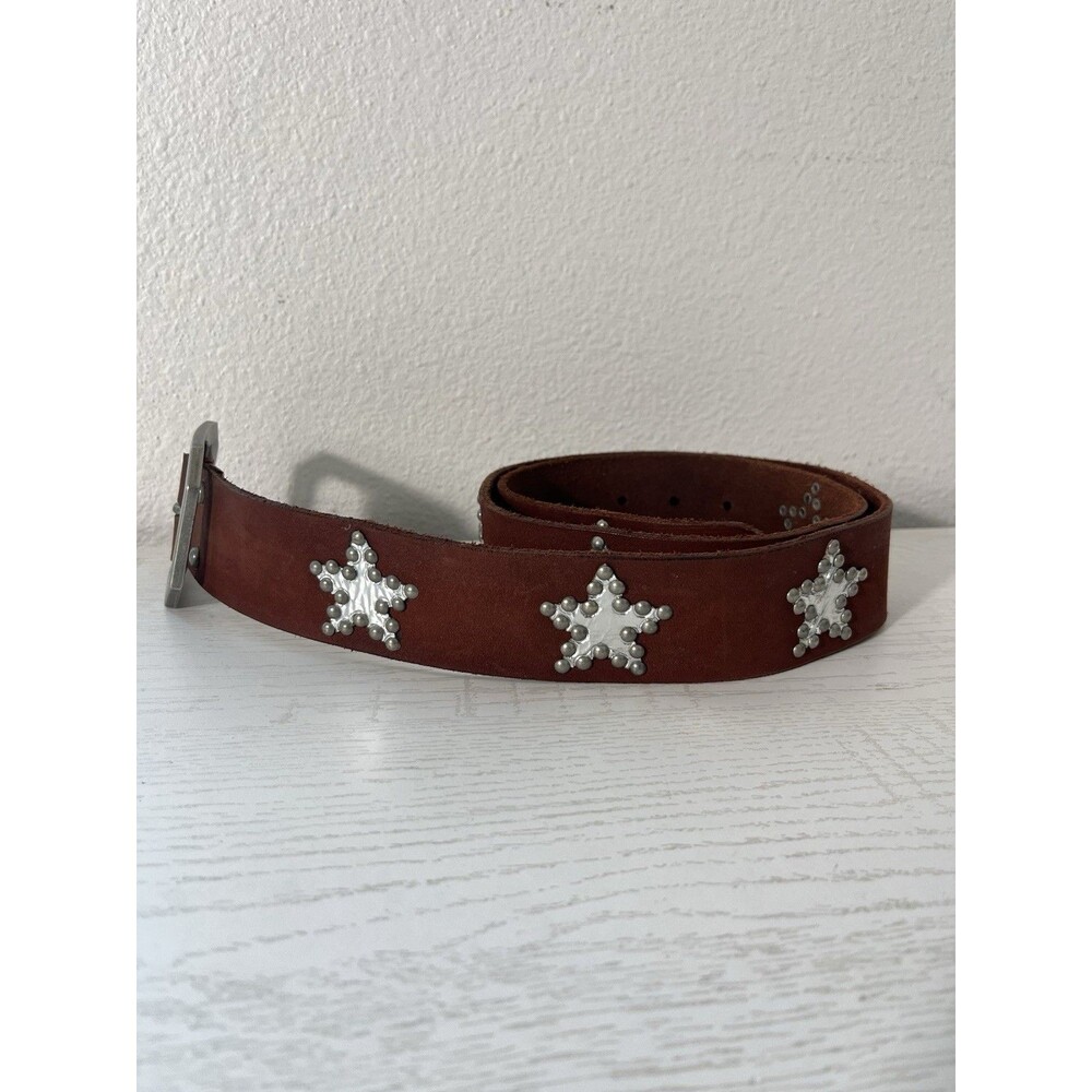 FREE PEOPLE Starcrossed Studded Leather Belt Brown Stars Big Buckle M/L Boho - Picture 3 of 6